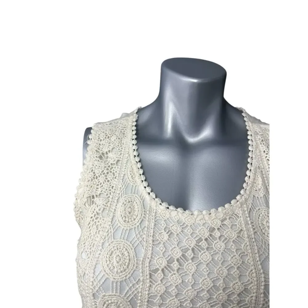 Solitaire Womens Ivory Cream Crochet Sleeveless Top Medium Tank Lace Cottage - Picture 5 of 11